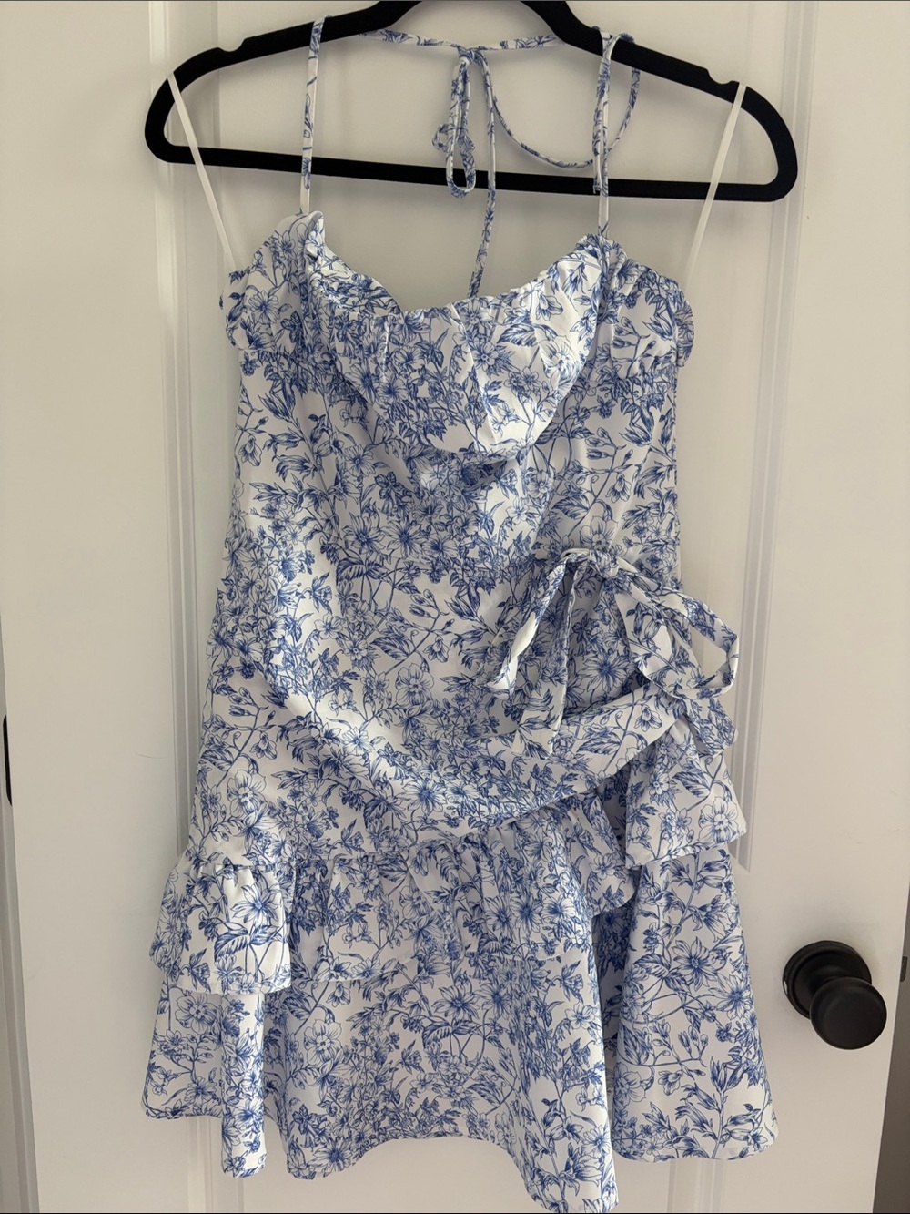 Blue Floral Ruffle Dress with Tie-Neck